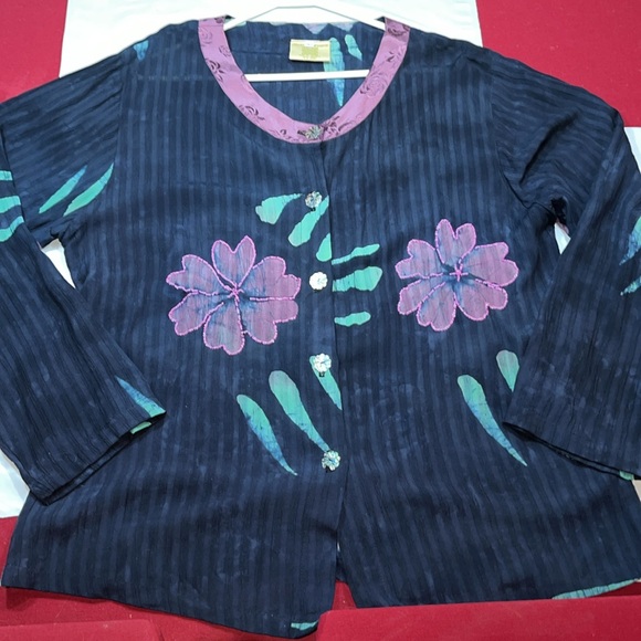 Asian creations Blue purple button up tropical SHIRT beaded round neck WOMENS Lg - Picture 2 of 14